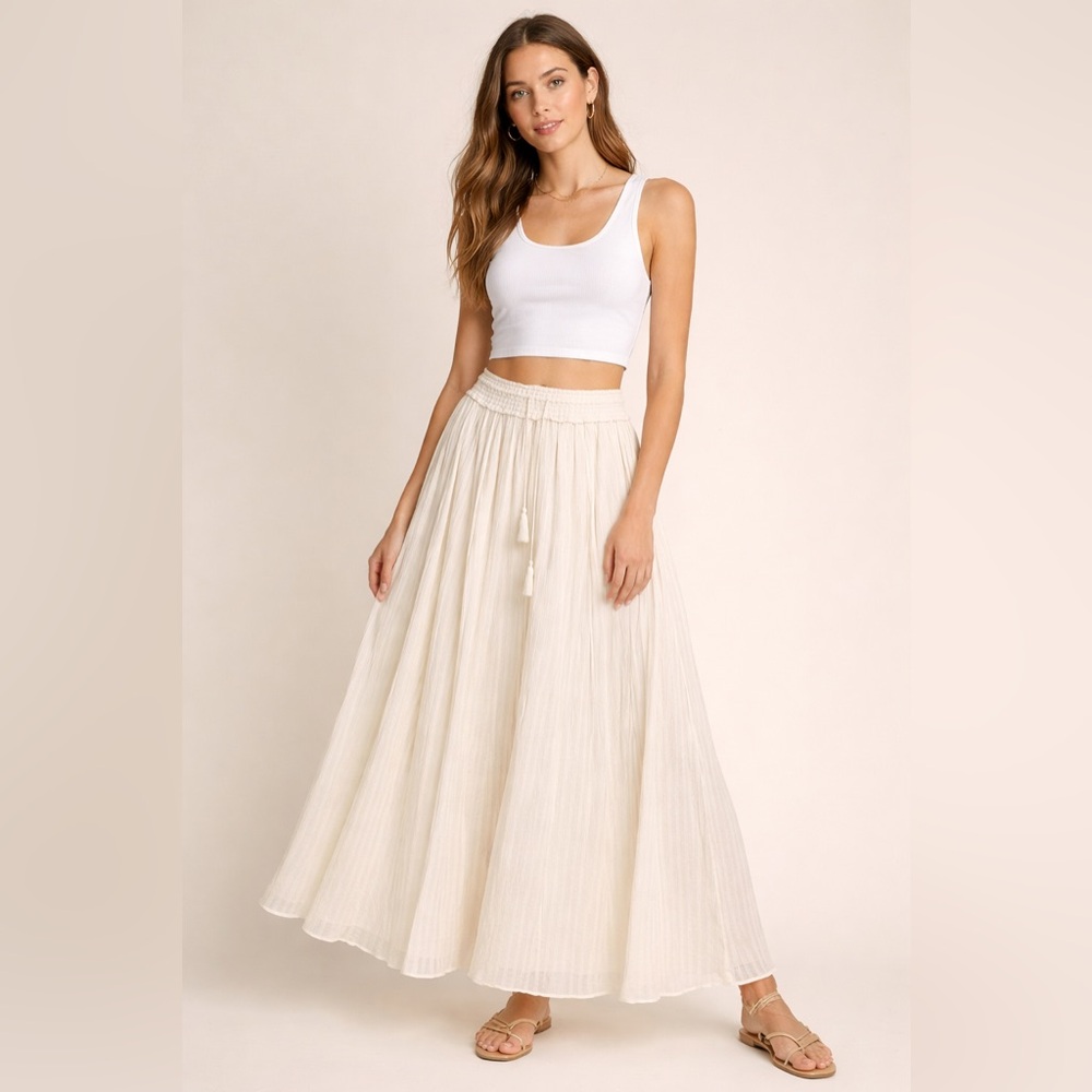 Joie Cream Boho Maxi Skirt Tassel Drawstring‎ Elastic Waist XXS